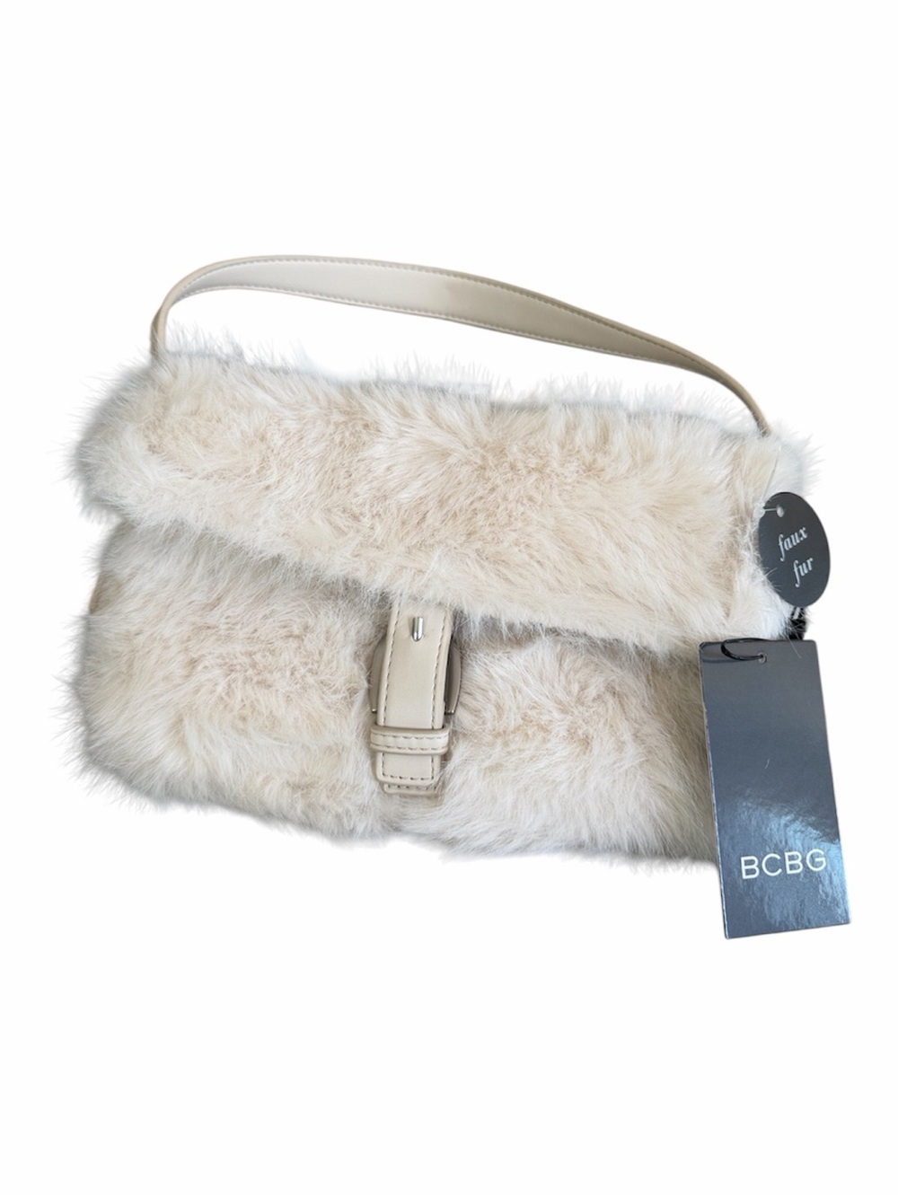 BCBG Faux Fur Shoulder Bag in Beige Cream